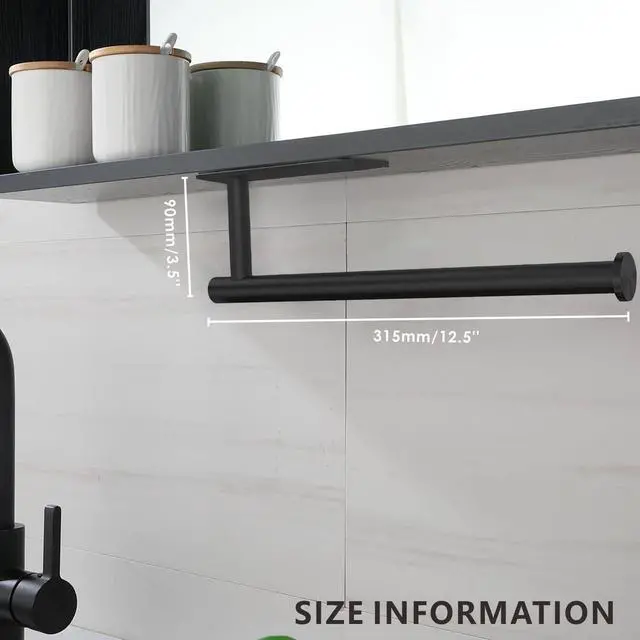 Alt view image 4 of 7 - Paper Towel Holder - Under Cabinet Paper Towel Bar for Kitchen, Wall Mount Self Adhesive or Drilling Paper Towel Rack, 304 Stainless Steel (Black)