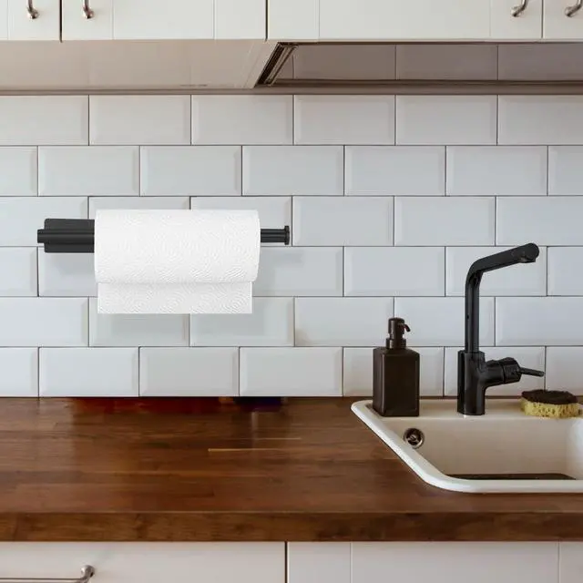 Alt view image 5 of 7 - Paper Towel Holder - Under Cabinet Paper Towel Bar for Kitchen, Wall Mount Self Adhesive or Drilling Paper Towel Rack, 304 Stainless Steel (Black)