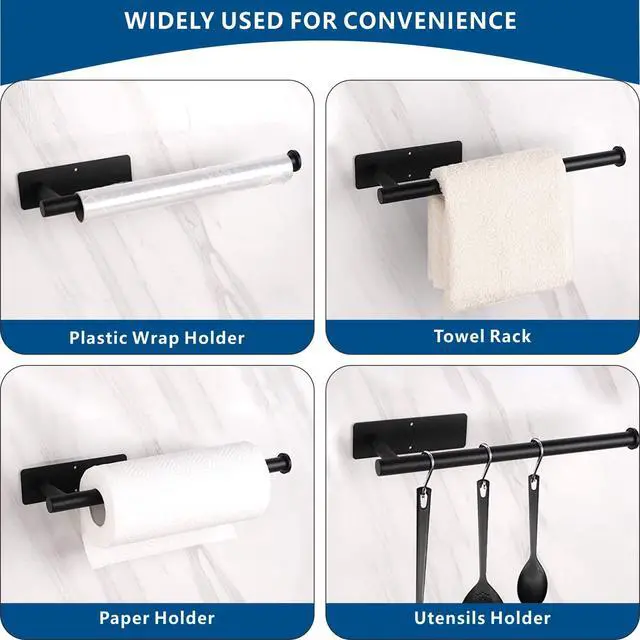Alt view image 6 of 7 - Paper Towel Holder - Under Cabinet Paper Towel Bar for Kitchen, Wall Mount Self Adhesive or Drilling Paper Towel Rack, 304 Stainless Steel (Black)