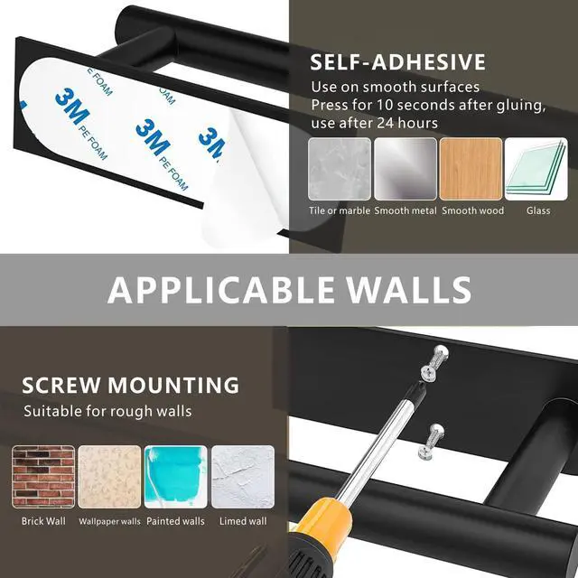 Alt view image 7 of 7 - Paper Towel Holder - Under Cabinet Paper Towel Bar for Kitchen, Wall Mount Self Adhesive or Drilling Paper Towel Rack, 304 Stainless Steel (Black)