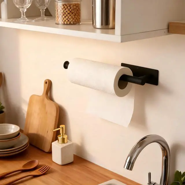 Alt view image 4 of 7 - Paper Towel Holder Under Cabinet No Drilling, Self Adhesive Paper Towel Holder Wall Mount for Kitchen Rack,Under Cabinet Paper Towel Holder, RV, 304 Stainless SteelBlack