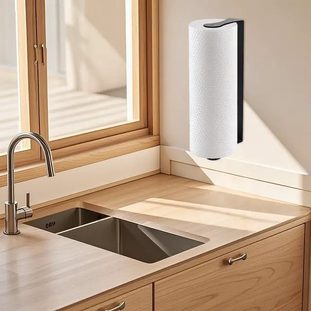 Alt view image 5 of 7 - Under Cabinet Paper Towel Holder, Stainless Steel Adhesive or Drill Mount Paper Towel Holder, Wall Mount Paper Towel Holders for Kitchen or Bathroom (Black)