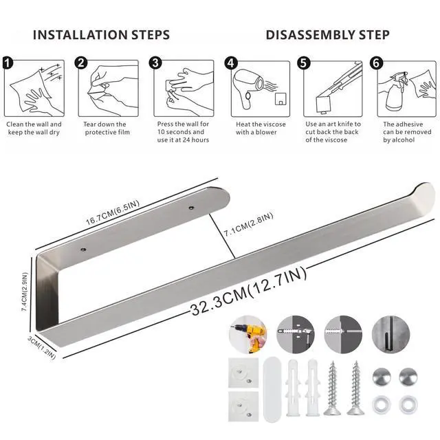 Alt view image 3 of 7 - Self Adhesive Paper Towel Holder Under Cabinet Mount, 304 Stainless Steel Wall Mount Paper Towel Roll Rack for Kitchen Cabinet, Bathroom (Silver)