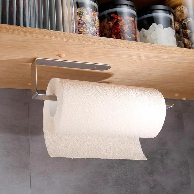 Alt view image 2 of 7 - Self Adhesive Paper Towel Holder Under Cabinet Mount, 304 Stainless Steel Wall Mount Paper Towel Roll Rack for Kitchen Cabinet, Bathroom (Silver)