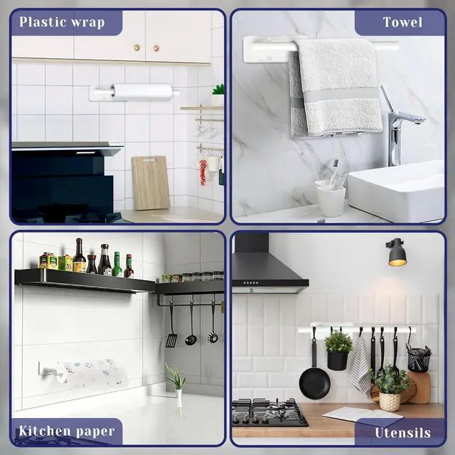 Alt view image 2 of 7 - Paper Towel Holder, Self Adhesive or Drilling Paper Towel Holder Under Cabinet, Stainless Steel Paper Towel Holders Wall Mount for Kitchen, Bathroom, Sink, Pantry, Fridge (White)
