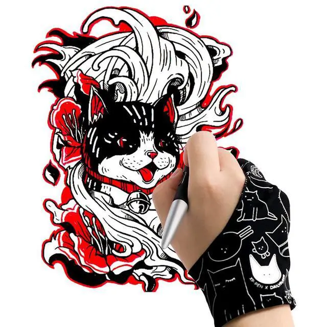 Alt view image 2 of 7 - Digital Drawing Glove - Two-Finger Artist Glove with Cute Cat Print, Suitable for Right and Left Hand