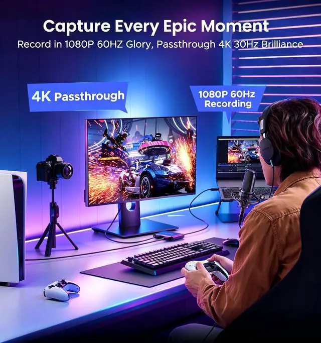 Alt view image 2 of 7 - USB 3.0 Video Capture Card for Streaming, 1080P 60Hz HDMI Video Recording with 4K30 Pass-Through, Plug & Play Cam Link Aluminum Low Latency Type-C Device for Nintendo Switch 2, PS5, Xbox, OBS