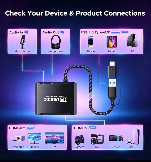 Alt view image 6 of 7 - USB 3.0 Video Capture Card for Streaming, 1080P 60Hz HDMI Video Recording with 4K30 Pass-Through, Plug & Play Cam Link Aluminum Low Latency Type-C Device for Nintendo Switch 2, PS5, Xbox, OBS