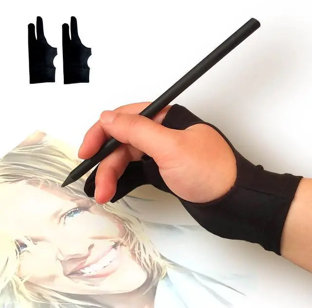 Main image of Drawing Glove, 3-Layer Palm Rejection Digital Art Glove for Graphic Tablet, Artist Gloves with Two Fingers for iPad, Paper Sketching, Smudge Guard (2 PCS, Middle)