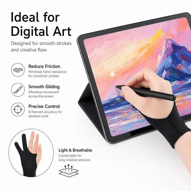 Alt view image 3 of 7 - 4 PCS Artist Glove Digital Tablet Drawing Fits Left Right Hand 3-Layer Palm Rejection Two-Finger Black Glove Smudge Guard for Digital Drawing Graphic Tablet Paper Sketching Stylus Pen Pencil
