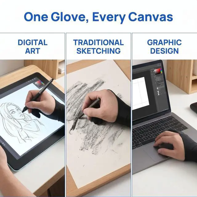 Alt view image 3 of 7 - Drawing Glove Digital Drawing Art 4 Pack Two Finger Drawing Gloves Palm Rejection for Touch Screens Graphic Tablets and Displays for Both Hands for Artists Sketching and Coloring