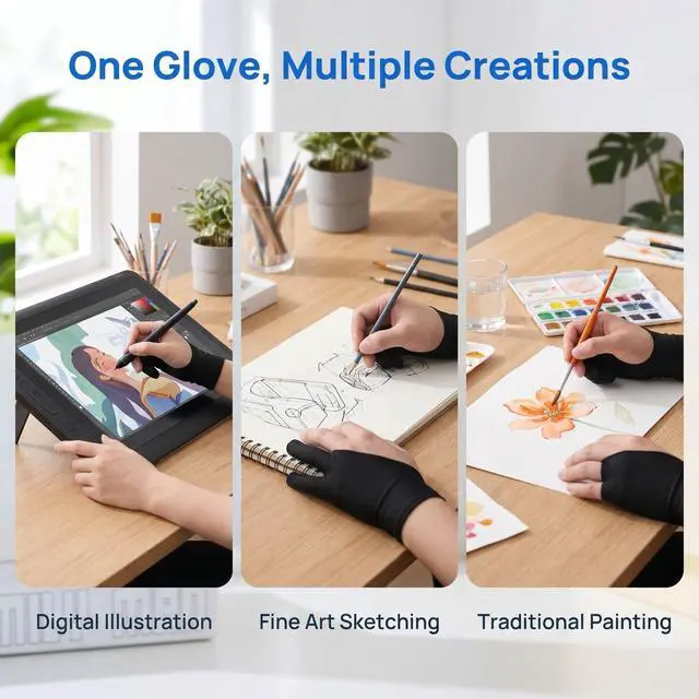 Alt view image 6 of 7 - Drawing Glove Digital Drawing Art 4 Pack Two Finger Drawing Gloves Palm Rejection for Touch Screens Graphic Tablets and Displays for Both Hands for Artists Sketching and Coloring