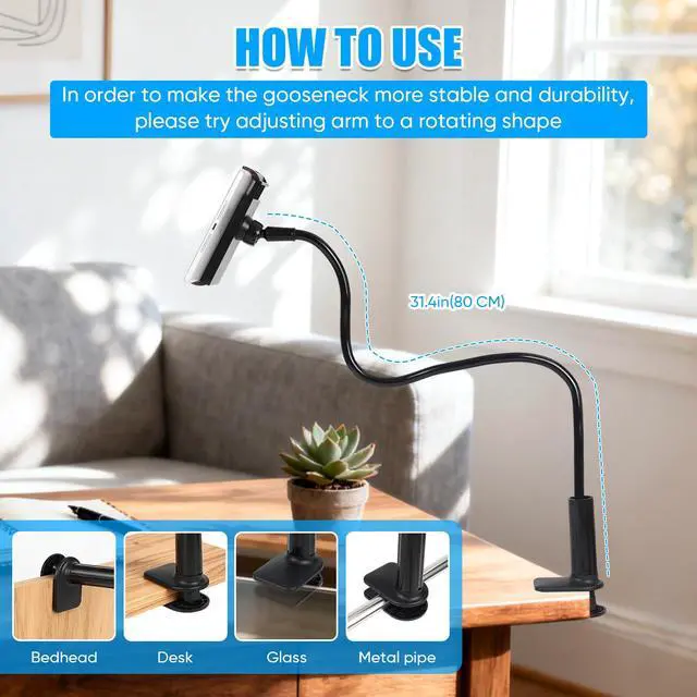 Alt view image 7 of 7 - Gooseneck Tablet Holder for Bed, Tablet Stand Clamp Flexible Long Arm Adjustable Lazy Bracket for Desk Phone Mount, Compatible with iPad mini, for Kindle, for Switch, for All 4" - 9" Devices