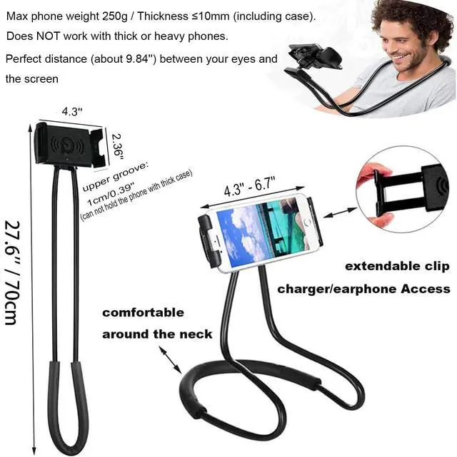 Alt view image 2 of 7 - Cell Phone Stand Hanging on Neck Upgraded, Hands-Free Mobile Phone Holder Clip on Bed/Table 360° Rotation iPhone Tablet Mount Bracket, 27.6''/70 cm Length for 4.7''-6.7'' Screen
