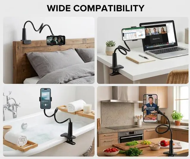 Alt view image 5 of 7 - Universal Cell Phone Holder, Universal Mobile Phone Stand, Lazy Bracket, Flexible Long Arms Clip Mount for iPhone, LG, etc.in Office Bedroom Desktop.(Black)