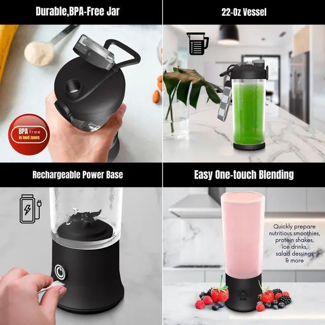 Alt view image 2 of 7 - SSKAWorldwide Portable Blender 21oz Rechargeable and Wireless Mini Personal Blender for Shakes and Smoothies, 4000mAh Battery & 6 Blades for Protein Shakes, Fruit Juicer, Gym & Travel (Black)