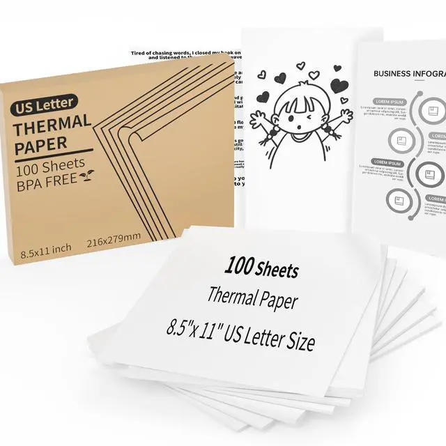 Main image of 100 Sheets Thermal Printer Paper, 8.5"x 11" US Letter Size - High-Efficiency Durable Printing for Home Work, Printing Contract, Picture, Compatible with Most Thermal Printers (100 Sheets)
