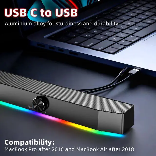 Alt view image 2 of 6 - 5W Dual Bluetooth 5.0 Speaker, 1.5m RGB Light Bar with 4 Dynamic Nodes, AUX/USB Powered Computer Speakers for Desktop PC Gaming Setup