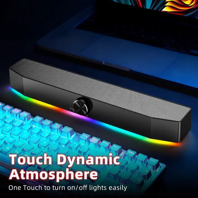 Alt view image 3 of 6 - 5W Dual Bluetooth 5.0 Speaker, 1.5m RGB Light Bar with 4 Dynamic Nodes, AUX/USB Powered Computer Speakers for Desktop PC Gaming Setup