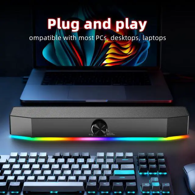 Alt view image 4 of 6 - 5W Dual Bluetooth 5.0 Speaker, 1.5m RGB Light Bar with 4 Dynamic Nodes, AUX/USB Powered Computer Speakers for Desktop PC Gaming Setup