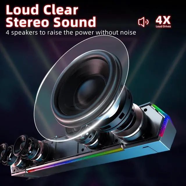 Alt view image 5 of 6 - 5W Dual Bluetooth 5.0 Speaker, 1.5m RGB Light Bar with 4 Dynamic Nodes, AUX/USB Powered Computer Speakers for Desktop PC Gaming Setup