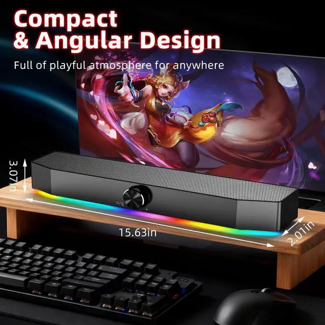 Alt view image 6 of 6 - 5W Dual Bluetooth 5.0 Speaker, 1.5m RGB Light Bar with 4 Dynamic Nodes, AUX/USB Powered Computer Speakers for Desktop PC Gaming Setup