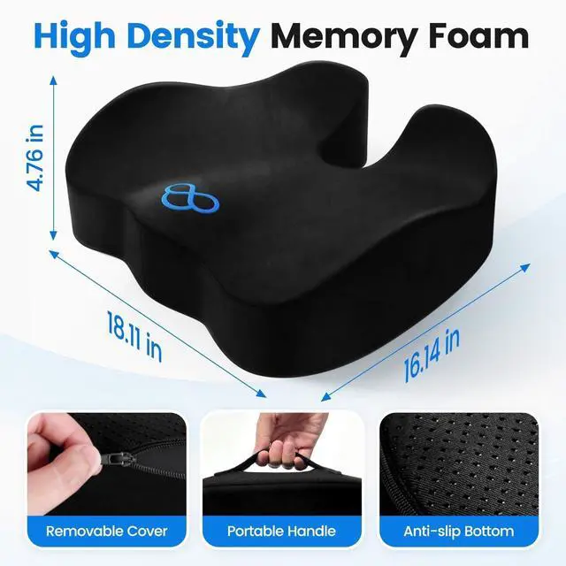 Alt view image 2 of 7 - Seat Cushion, Memory Foam Chair Cushions for Tailbone/Sciatica Easing, Chair Pillow with Handles for Car, Office Chair Cushion with Non-Slip Design, Ideal for Post-Surgery Recovery(Black)