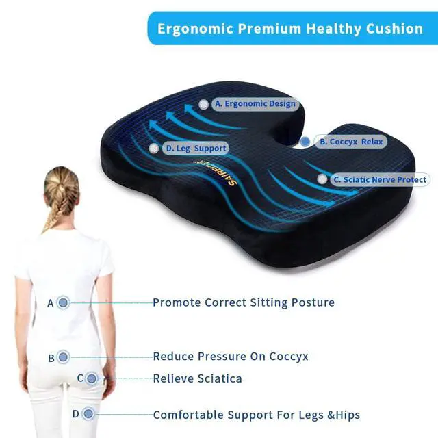 Alt view image 2 of 7 - Office Chair Cushion, Car Seat Cushion, Memory Foam Coccyx Cushion Pads for Tailbone Pain, Sciatica Relief Pillow, Correct Sitting Posture (Black)