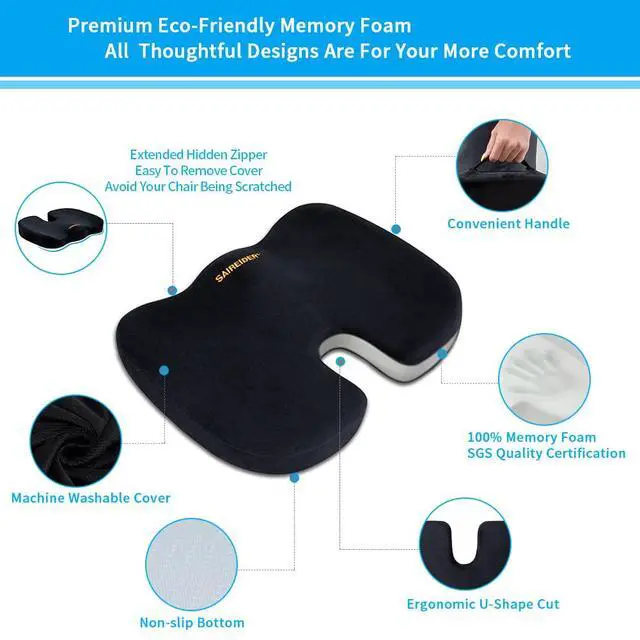 Alt view image 3 of 7 - Office Chair Cushion, Car Seat Cushion, Memory Foam Coccyx Cushion Pads for Tailbone Pain, Sciatica Relief Pillow, Correct Sitting Posture (Black)