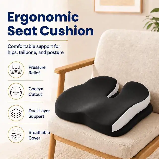 Alt view image 2 of 7 - Seat Cushions for Office Chairs Wheelchair Cushion for Long Sitting Back PainMemory Foam Seat Car Computer Desk Chair CushionCoccyx Cushion for Tailbone Pain Relief Cushion Office Chair Black