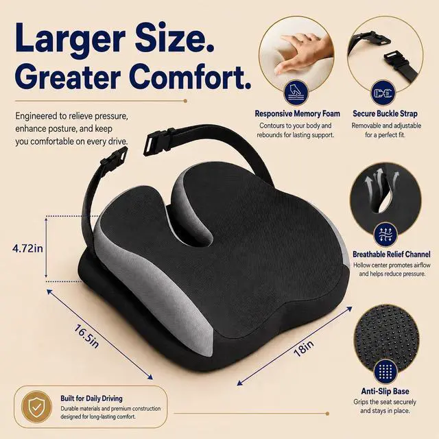 Alt view image 3 of 7 - Seat Cushions for Office Chairs Wheelchair Cushion for Long Sitting Back PainMemory Foam Seat Car Computer Desk Chair CushionCoccyx Cushion for Tailbone Pain Relief Cushion Office Chair Black