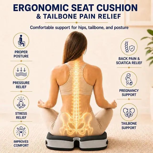 Alt view image 4 of 7 - Seat Cushions for Office Chairs Wheelchair Cushion for Long Sitting Back PainMemory Foam Seat Car Computer Desk Chair CushionCoccyx Cushion for Tailbone Pain Relief Cushion Office Chair Black