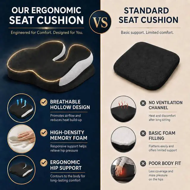 Alt view image 5 of 7 - Seat Cushions for Office Chairs Wheelchair Cushion for Long Sitting Back PainMemory Foam Seat Car Computer Desk Chair CushionCoccyx Cushion for Tailbone Pain Relief Cushion Office Chair Black