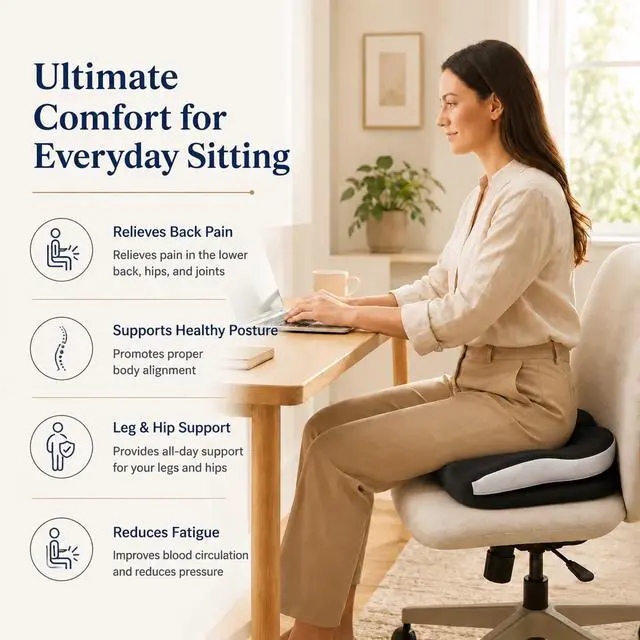 Alt view image 6 of 7 - Seat Cushions for Office Chairs Wheelchair Cushion for Long Sitting Back PainMemory Foam Seat Car Computer Desk Chair CushionCoccyx Cushion for Tailbone Pain Relief Cushion Office Chair Black