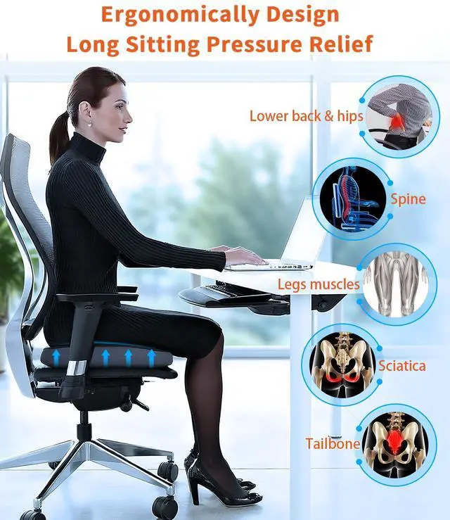 Alt view image 3 of 7 - Memory Foam Seat Cushion, Large Office Chair Cushions Chair Pad for Tailbone Sciatica Coccyx Lower Back Pain Relief, Orthopedic Butt Pillow for Desk Chair Car Wheelchair Long Sitting (Black)