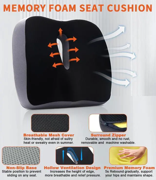 Alt view image 4 of 7 - Memory Foam Seat Cushion, Large Office Chair Cushions Chair Pad for Tailbone Sciatica Coccyx Lower Back Pain Relief, Orthopedic Butt Pillow for Desk Chair Car Wheelchair Long Sitting (Black)