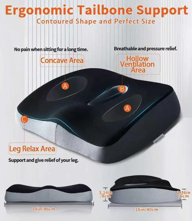 Alt view image 5 of 7 - Memory Foam Seat Cushion, Large Office Chair Cushions Chair Pad for Tailbone Sciatica Coccyx Lower Back Pain Relief, Orthopedic Butt Pillow for Desk Chair Car Wheelchair Long Sitting (Black)