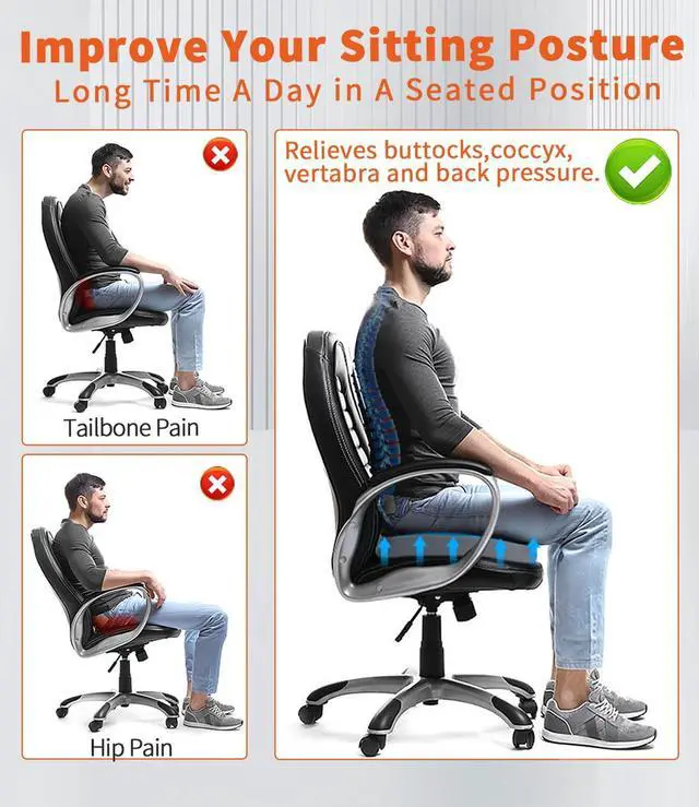 Alt view image 6 of 7 - Memory Foam Seat Cushion, Large Office Chair Cushions Chair Pad for Tailbone Sciatica Coccyx Lower Back Pain Relief, Orthopedic Butt Pillow for Desk Chair Car Wheelchair Long Sitting (Black)
