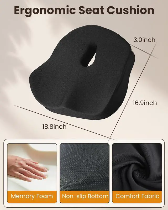 Alt view image 6 of 7 - Seat Cushion, X Large Office Chair Cushion for Sciatica Pain Relief, Memory Foam Ergonomic Cushions Pad Pillow for Car, Home, Hip, Tailbone, Coccyx, Long Sitting