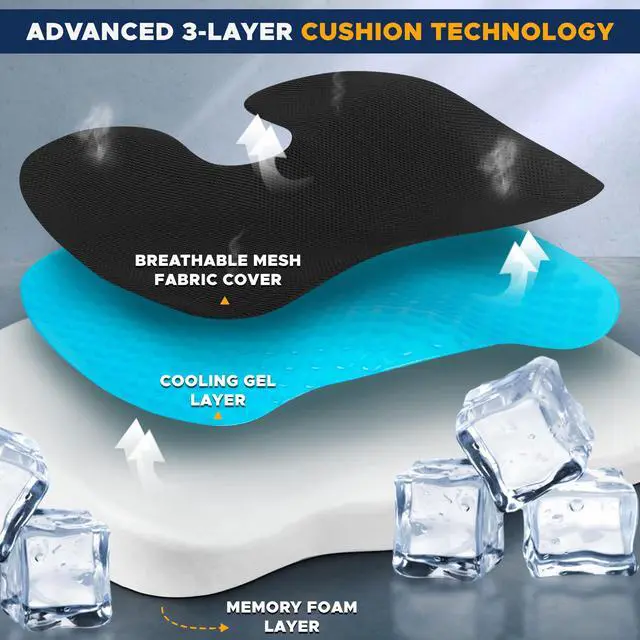 Alt view image 4 of 6 - Gel Seat Cushion Office Chair Cushions for Sciatica & Tailbone Pain Relief Coccyx Memory Foam Desk Chair Support & Car Seat Cushion Back Pain Relief Pillow for Long Sitting