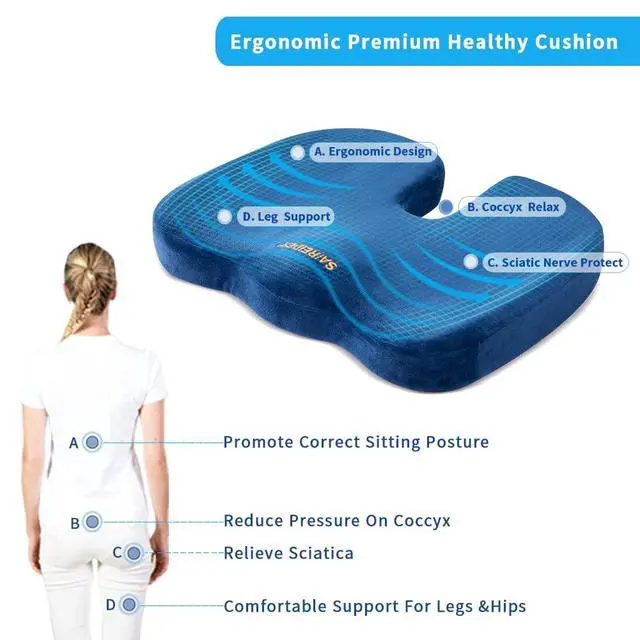 Alt view image 2 of 7 - Chair Cushions for Office, Memory Foam Coccyx Cushion Pads for Tailbone Pain, Car Seat Cushion, Sciatica Relief Pillow, Correct Sitting Posture (Navy Blue)