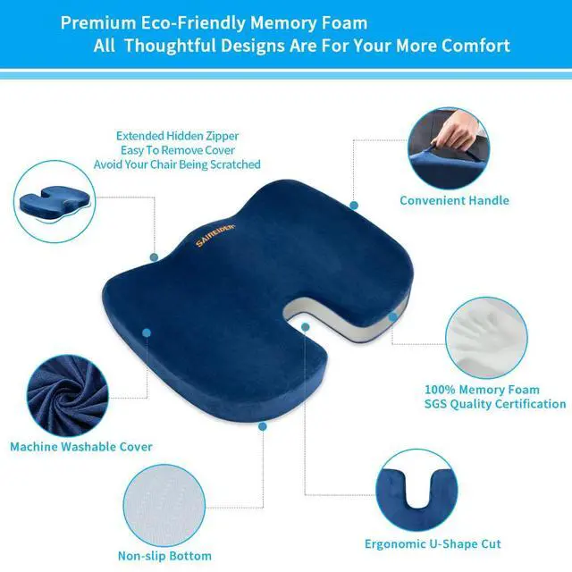 Alt view image 3 of 7 - Chair Cushions for Office, Memory Foam Coccyx Cushion Pads for Tailbone Pain, Car Seat Cushion, Sciatica Relief Pillow, Correct Sitting Posture (Navy Blue)