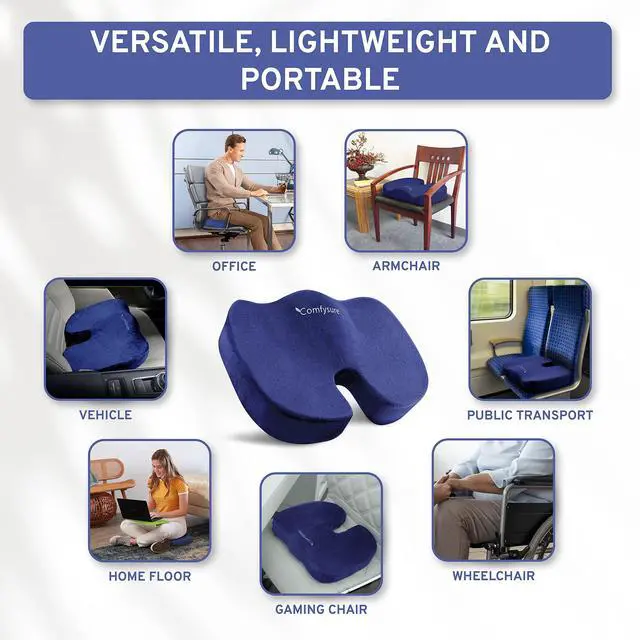 Alt view image 5 of 7 - Memory Foam Seat Cushion - Tailbone Pain Relief Cushion, Non-Slip Sciatica Pain Relief Pillow - Cushion for Office Chair, Car, Wheelchair, Computer, Desk Chair - Coccyx, Lower Back Support (Navy)
