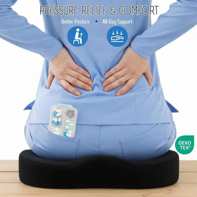 Alt view image 4 of 7 - Seat Cushion For Tailbone Pain Relief Ergonomic Gel Memory Foam Pad for Sciatica & Lower Back Support, Perfect for Office, Car, Truck, Gamer, Airplane, Wheelchair & Home, Bonus Pill Case Included