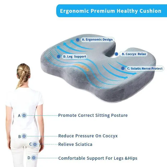 Alt view image 2 of 7 - Seat Cushions for Office Chairs, Memory Foam Coccyx Cushion Pads for Tailbone Pain, Sciatica Relief Pillow, Car Seat Cushion, Correct Sitting Posture (Grey)