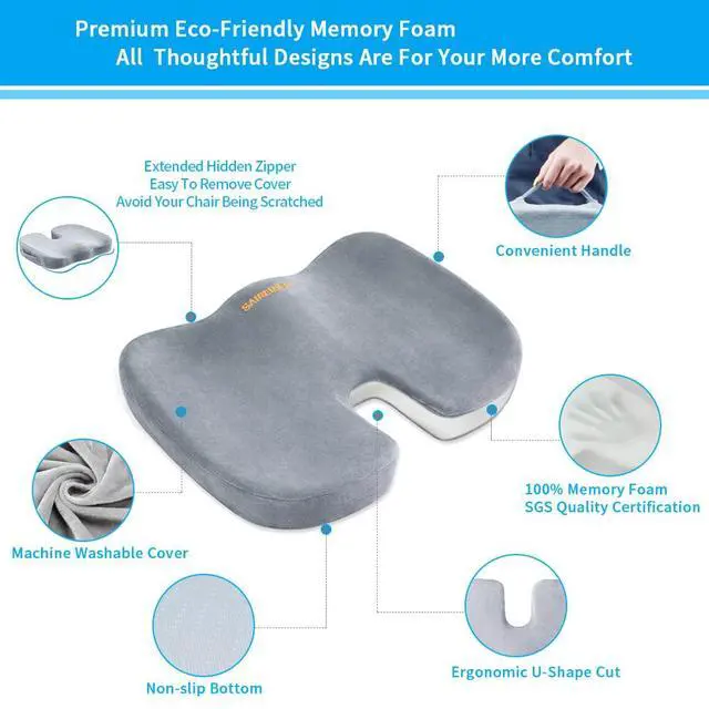 Alt view image 3 of 7 - Seat Cushions for Office Chairs, Memory Foam Coccyx Cushion Pads for Tailbone Pain, Sciatica Relief Pillow, Car Seat Cushion, Correct Sitting Posture (Grey)