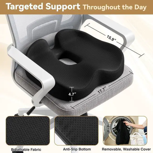 Alt view image 3 of 7 - Ergonomic Seat Cushion with Coccyx Cutout - 4-Zone Structure Office Chair Cushions for Tailbone Pressure Relief, Non-Slip Chair Pad with Washable Cover for Car, Office, Wheelchair, Black