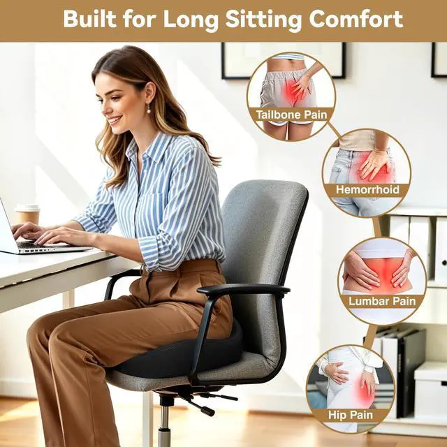 Alt view image 7 of 7 - Ergonomic Seat Cushion with Coccyx Cutout - 4-Zone Structure Office Chair Cushions for Tailbone Pressure Relief, Non-Slip Chair Pad with Washable Cover for Car, Office, Wheelchair, Black