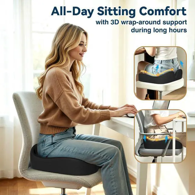 Alt view image 6 of 7 - Ergonomic Seat Cushion with Coccyx Cutout - 4-Zone Structure Office Chair Cushions for Tailbone Pressure Relief, Non-Slip Chair Pad with Washable Cover for Car, Office, Wheelchair, Black