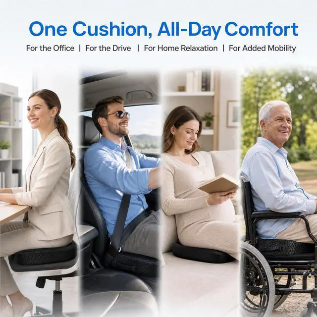 Alt view image 4 of 7 - Memory Foam Seat Cushion for Office Chair & Car - Ergonomic Tailbone & Sciatica Pain Relief Pad - Non-Slip Desk Chair Cushion for Long Sitting, Breathable Mesh Pad for Posture Support (Black)